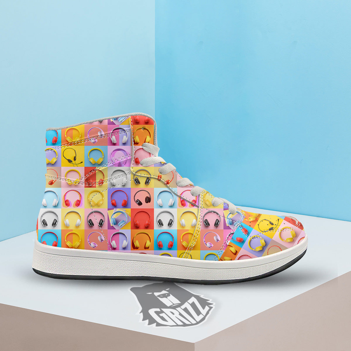 Headphones Pastel Print Pattern High Top Sneakers-grizzshop