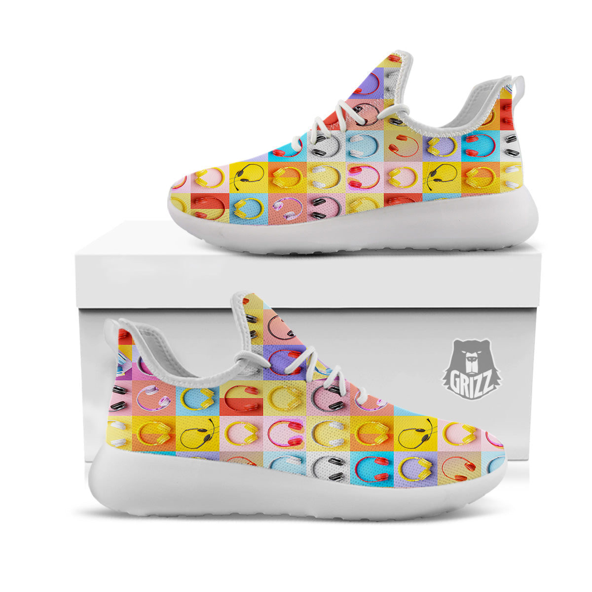 Headphones Pastel Print Pattern White Athletic Shoes-grizzshop