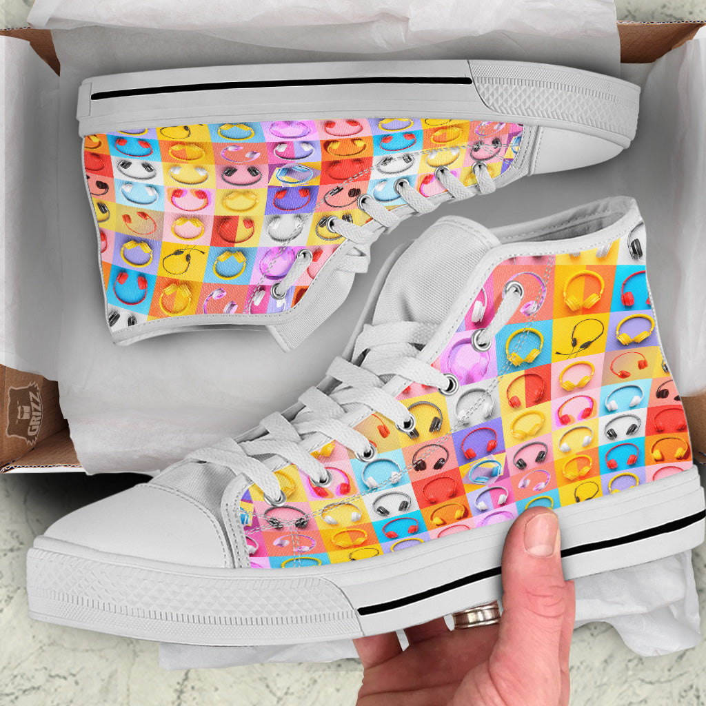 Headphones Pastel Print Pattern White High Top Shoes-grizzshop