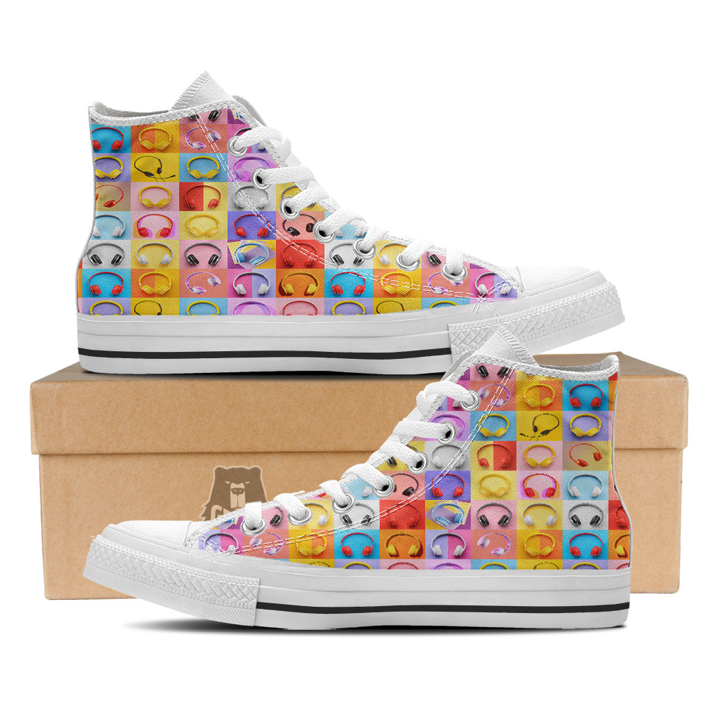 Headphones Pastel Print Pattern White High Top Shoes-grizzshop