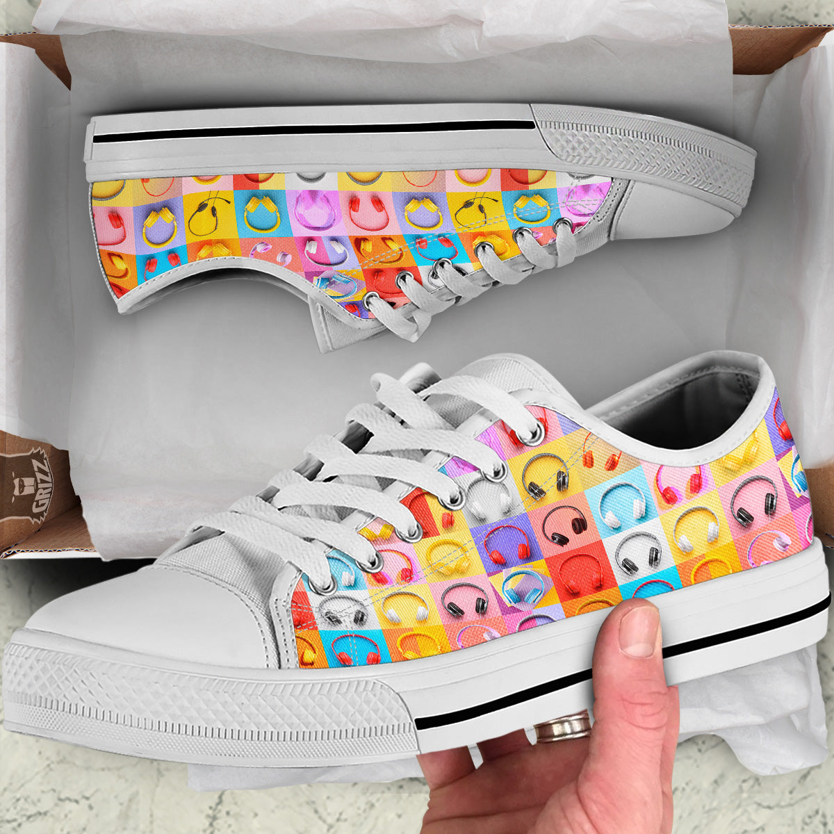 Headphones Pastel Print Pattern White Low Top Shoes-grizzshop