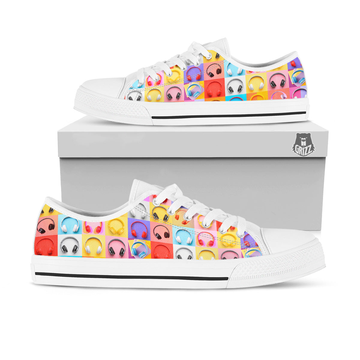 Headphones Pastel Print Pattern White Low Top Shoes-grizzshop