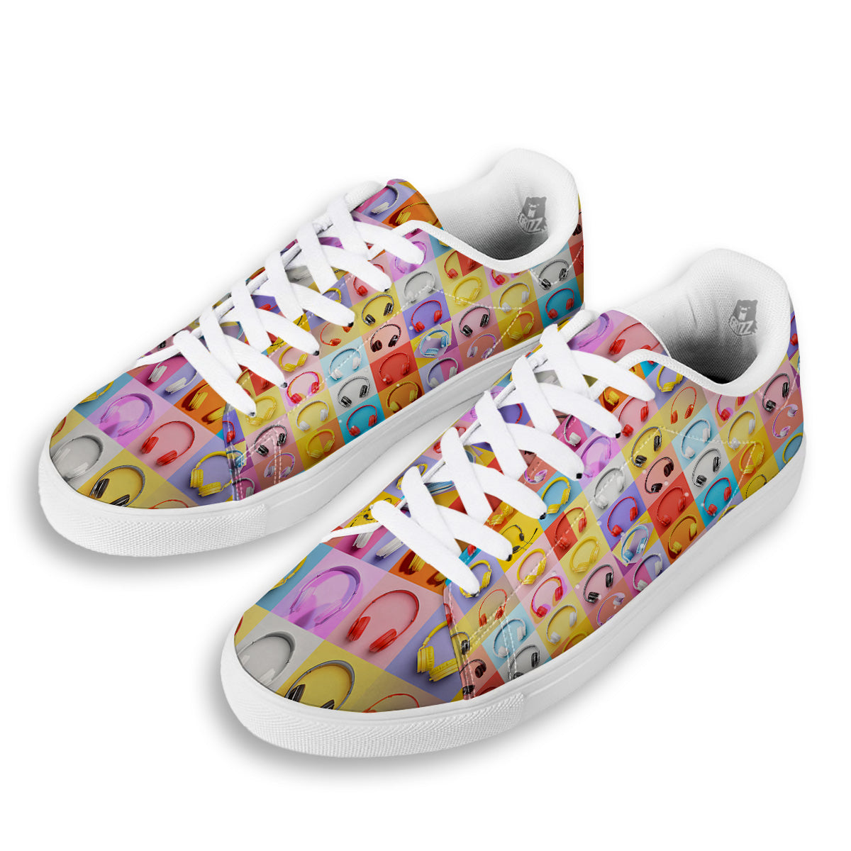 Headphones Pastel Print Pattern White Low Top Sneakers-grizzshop