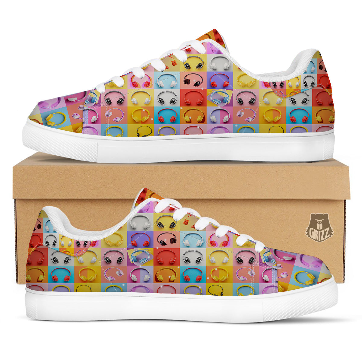 Headphones Pastel Print Pattern White Low Top Sneakers-grizzshop
