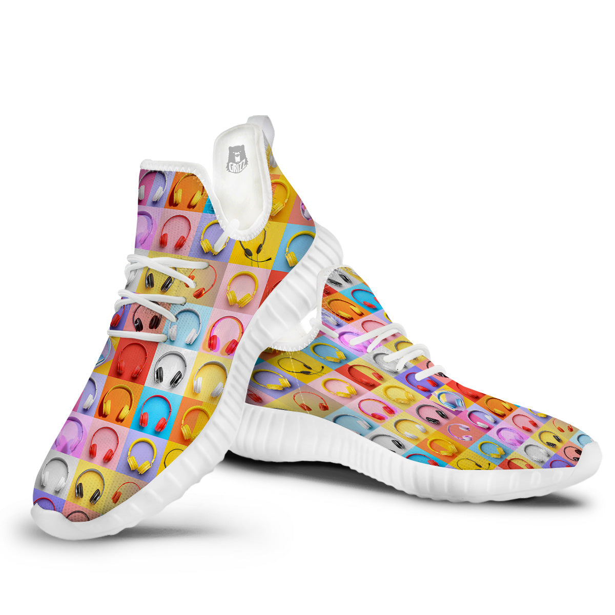 Headphones Pastel Print Pattern White Walking Shoes-grizzshop