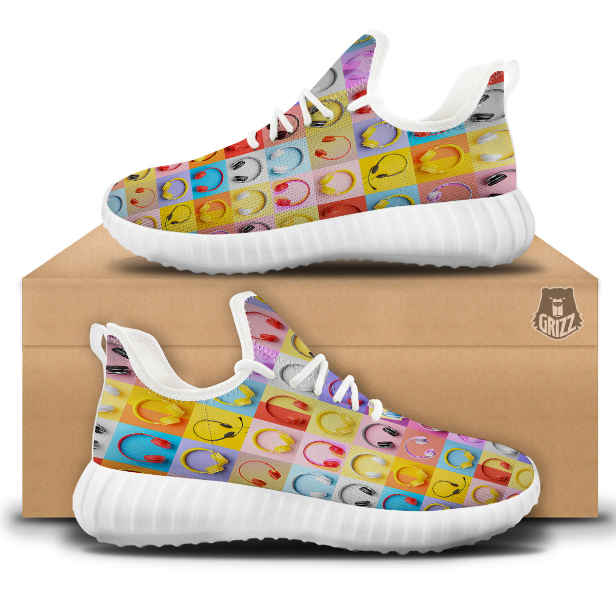 Headphones Pastel Print Pattern White Walking Shoes-grizzshop