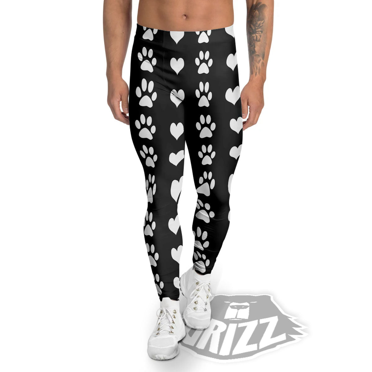 Heart And Black Paw Print Pattern Men's Leggings-grizzshop