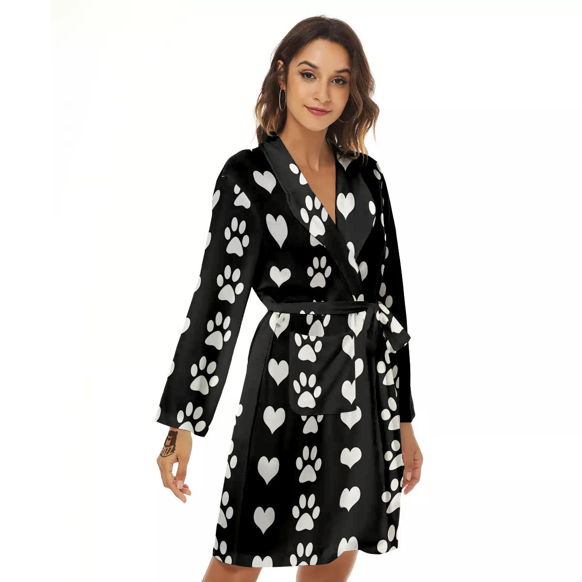Heart And Black Paw Print Pattern Women's Robe-grizzshop