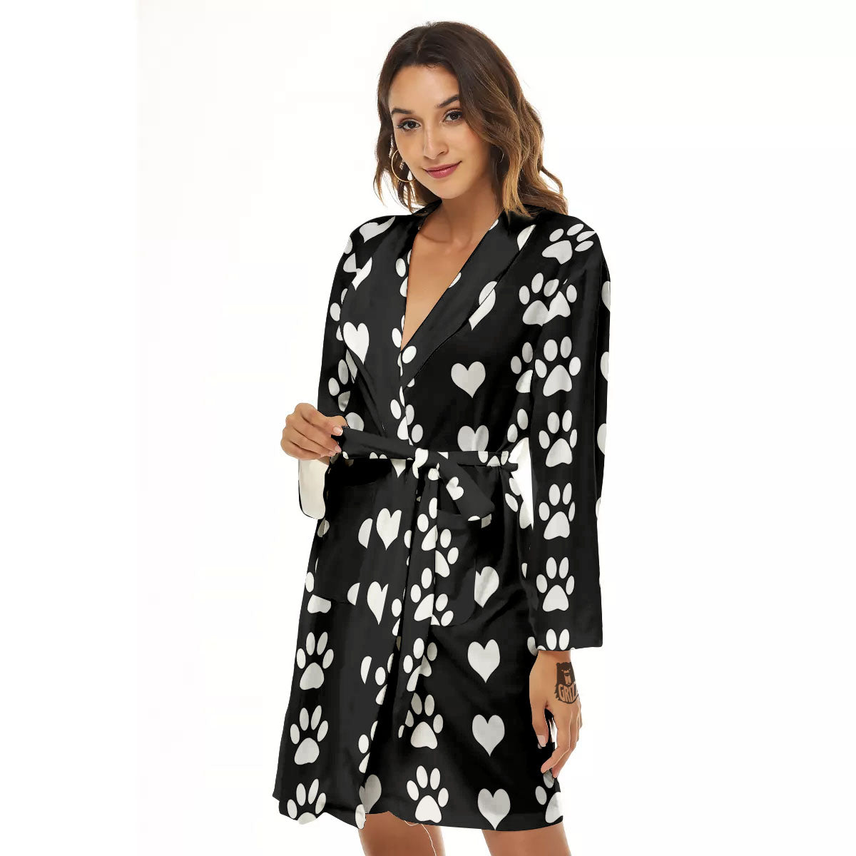 Heart And Black Paw Print Pattern Women's Robe-grizzshop