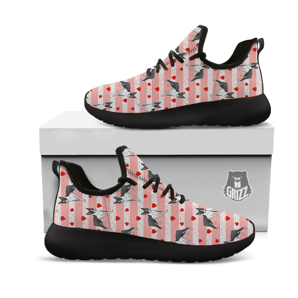 Heart And Boston Terrier Print Pattern Black Athletic Shoes-grizzshop