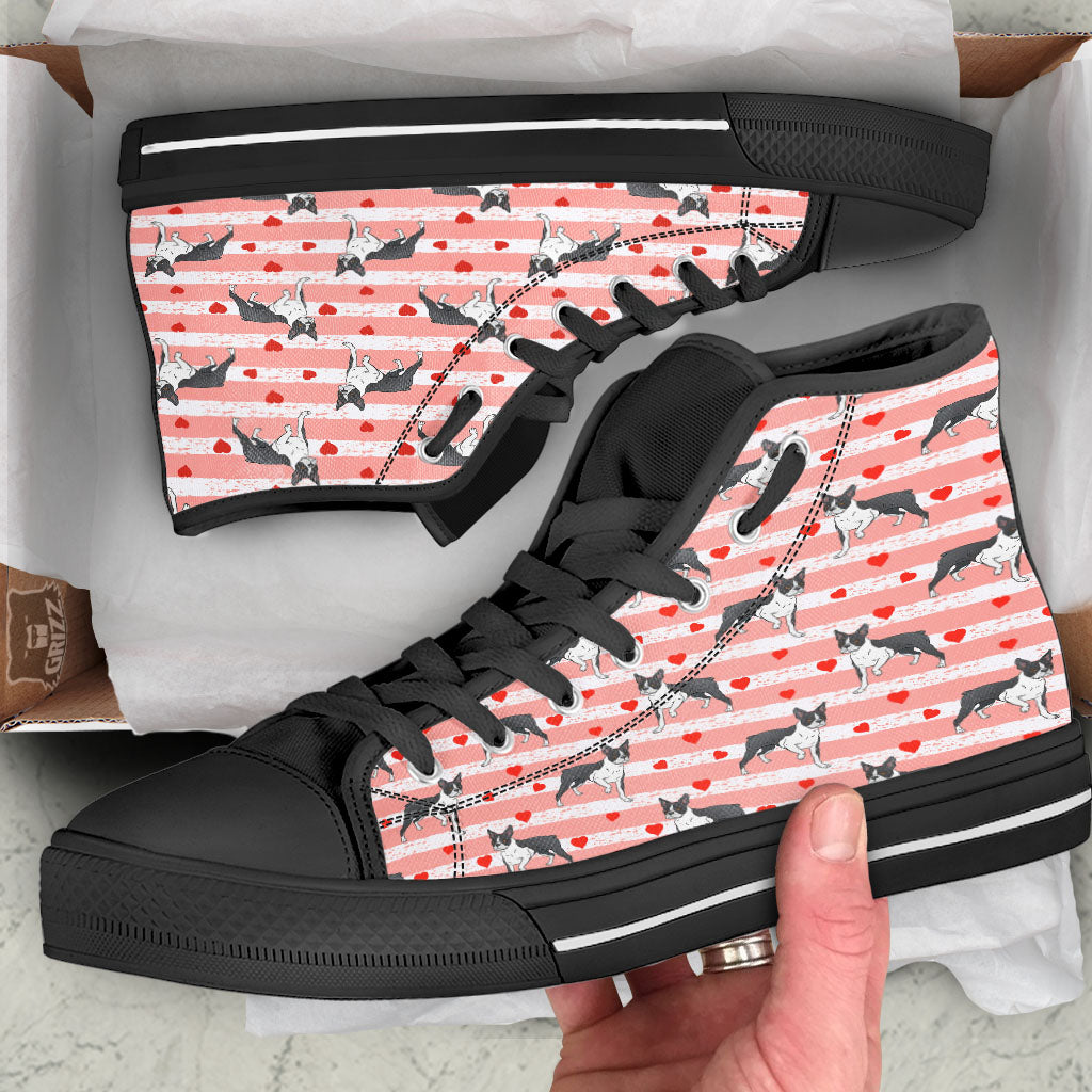 Heart And Boston Terrier Print Pattern Black High Top Shoes-grizzshop