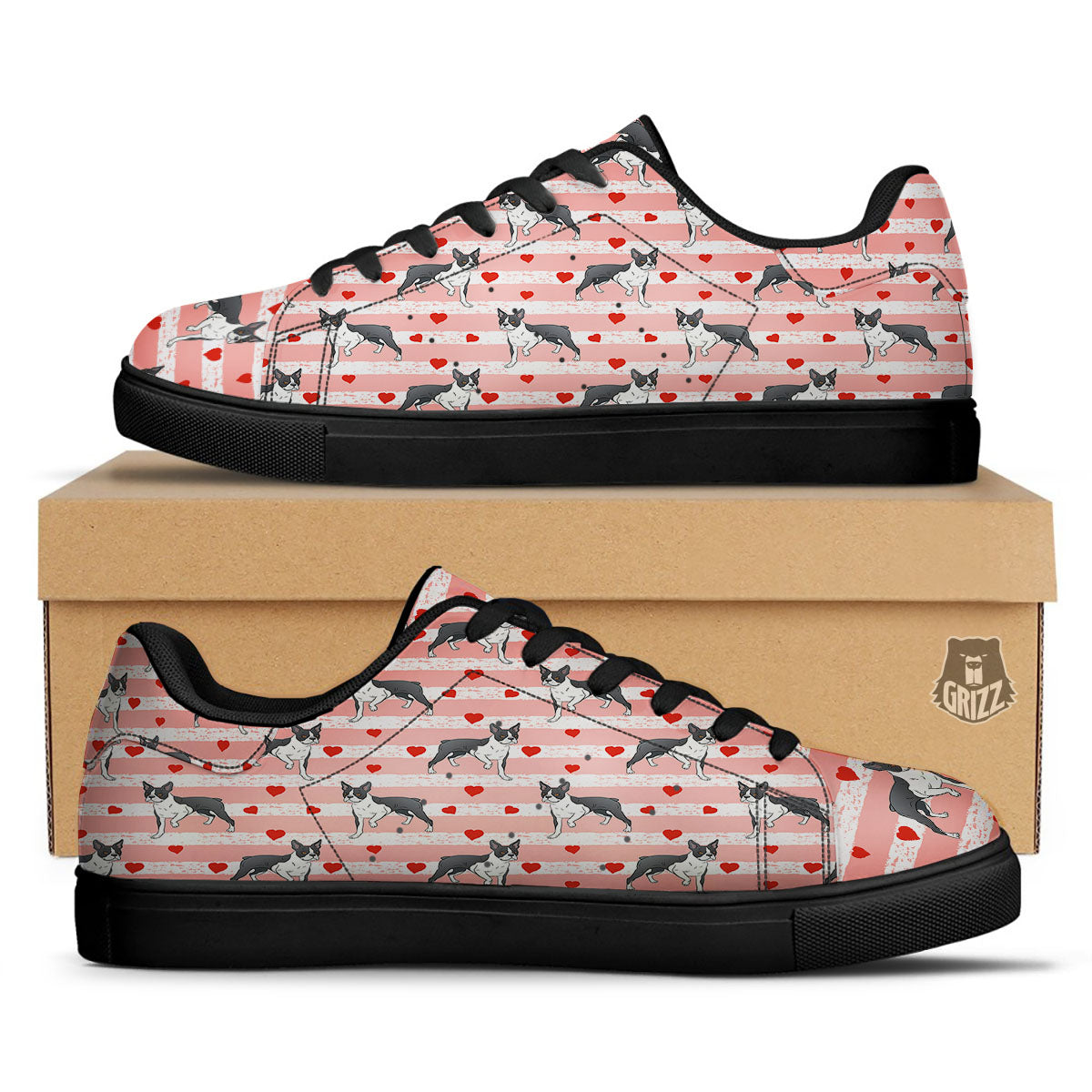 Heart And Boston Terrier Print Pattern Black Low Top Sneakers-grizzshop