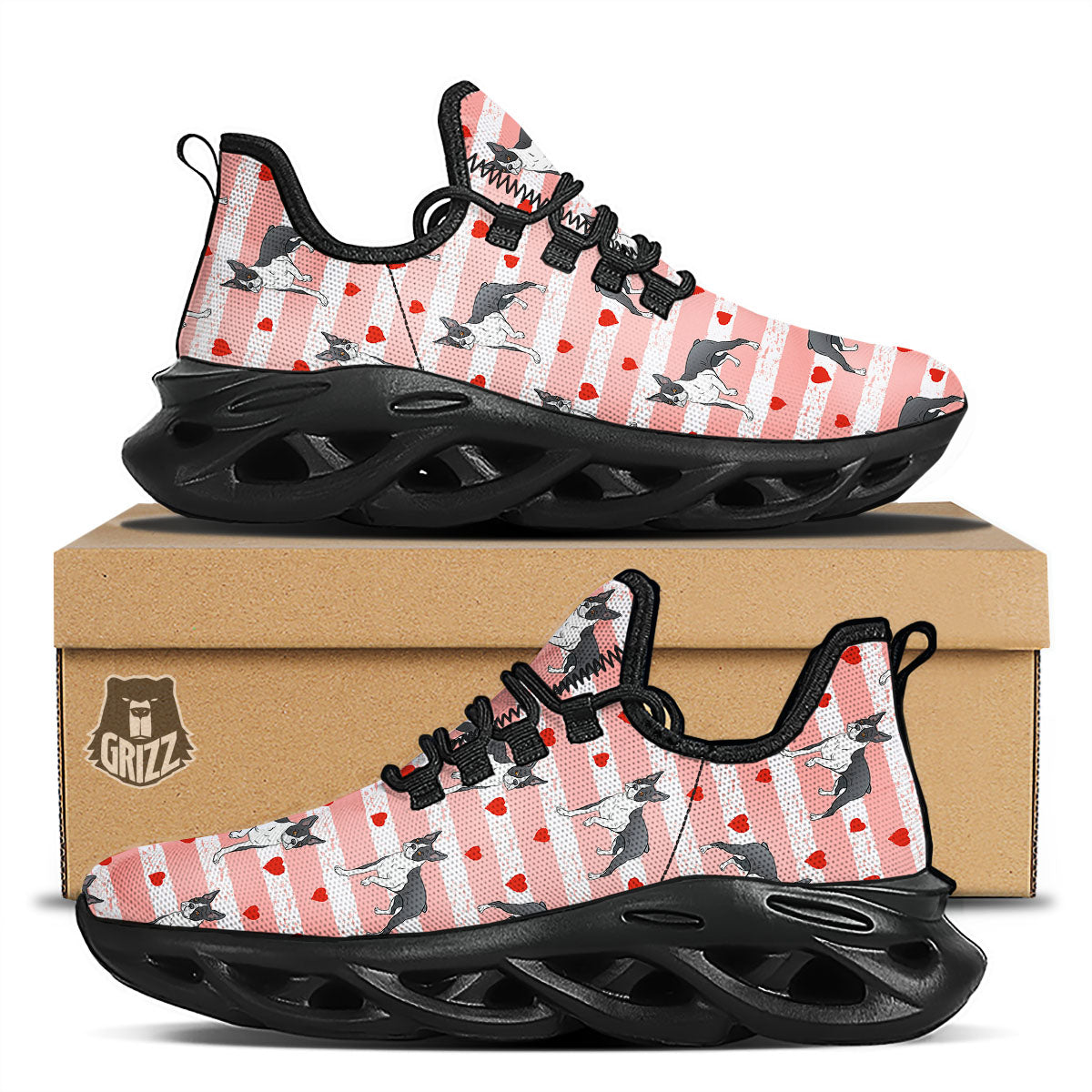 Heart And Boston Terrier Print Pattern Black Running Shoes-grizzshop