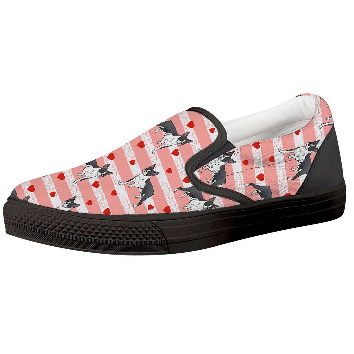 Heart And Boston Terrier Print Pattern Black Slip On Shoes-grizzshop