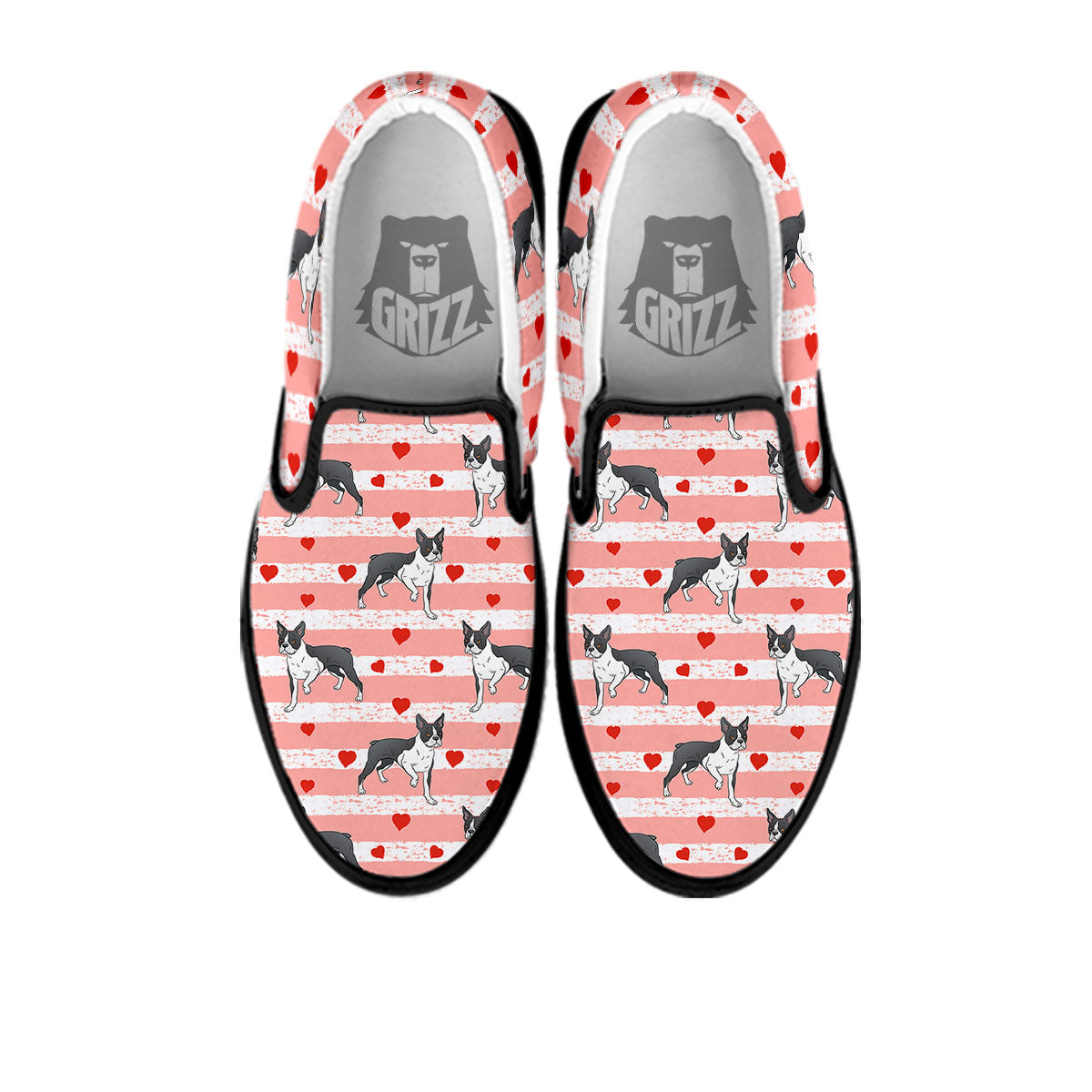 Heart And Boston Terrier Print Pattern Black Slip On Shoes-grizzshop