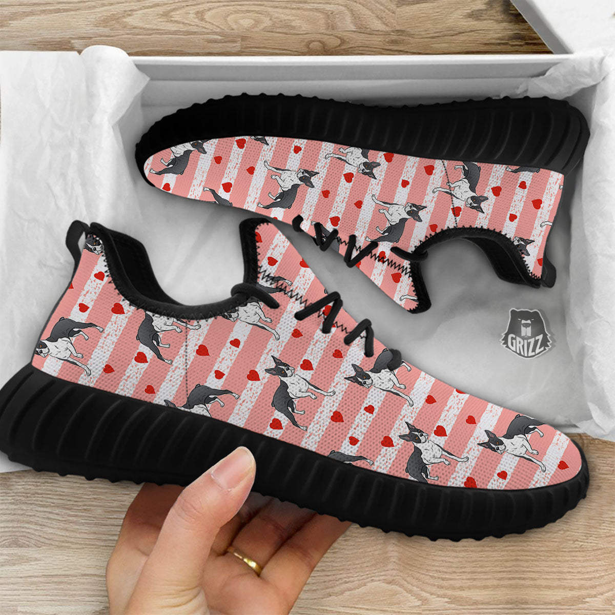 Heart And Boston Terrier Print Pattern Black Walking Shoes-grizzshop