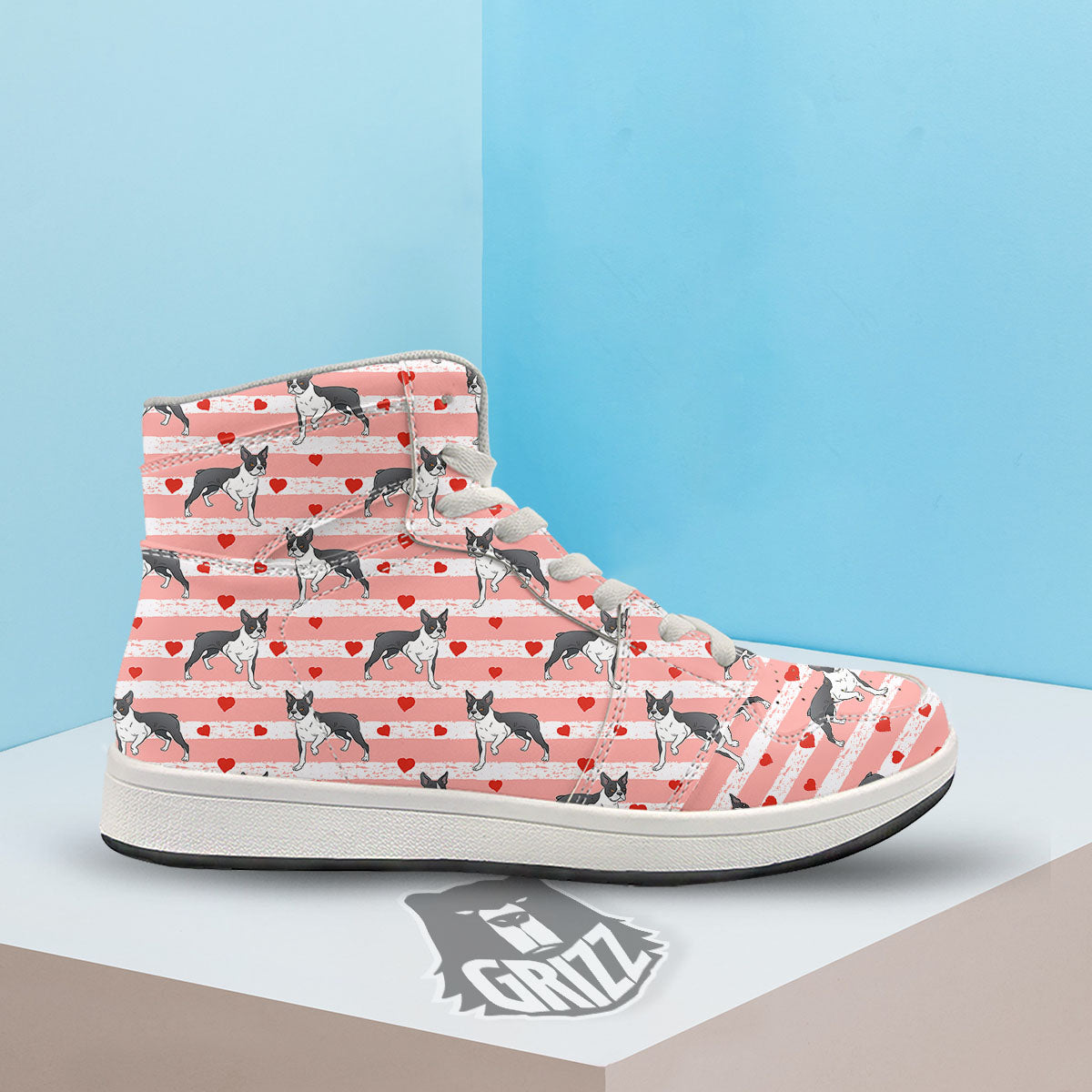 Heart And Boston Terrier Print Pattern High Top Sneakers-grizzshop