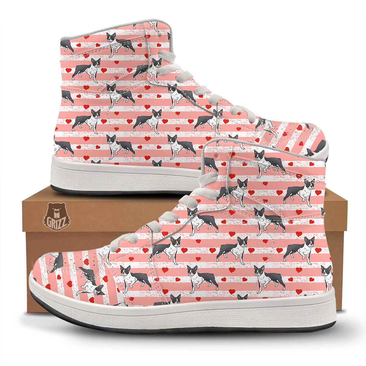 Heart And Boston Terrier Print Pattern High Top Sneakers-grizzshop