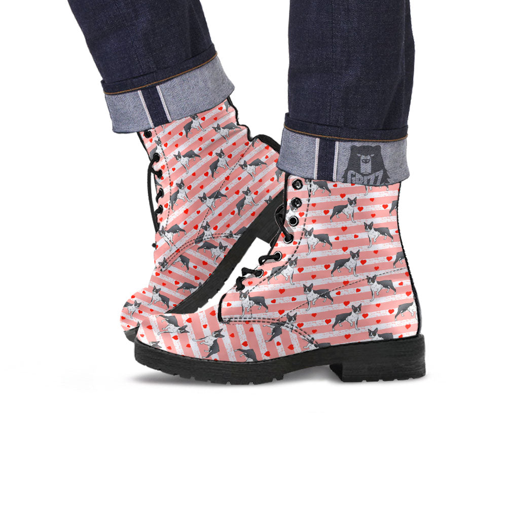 Heart And Boston Terrier Print Pattern Leather Boots-grizzshop