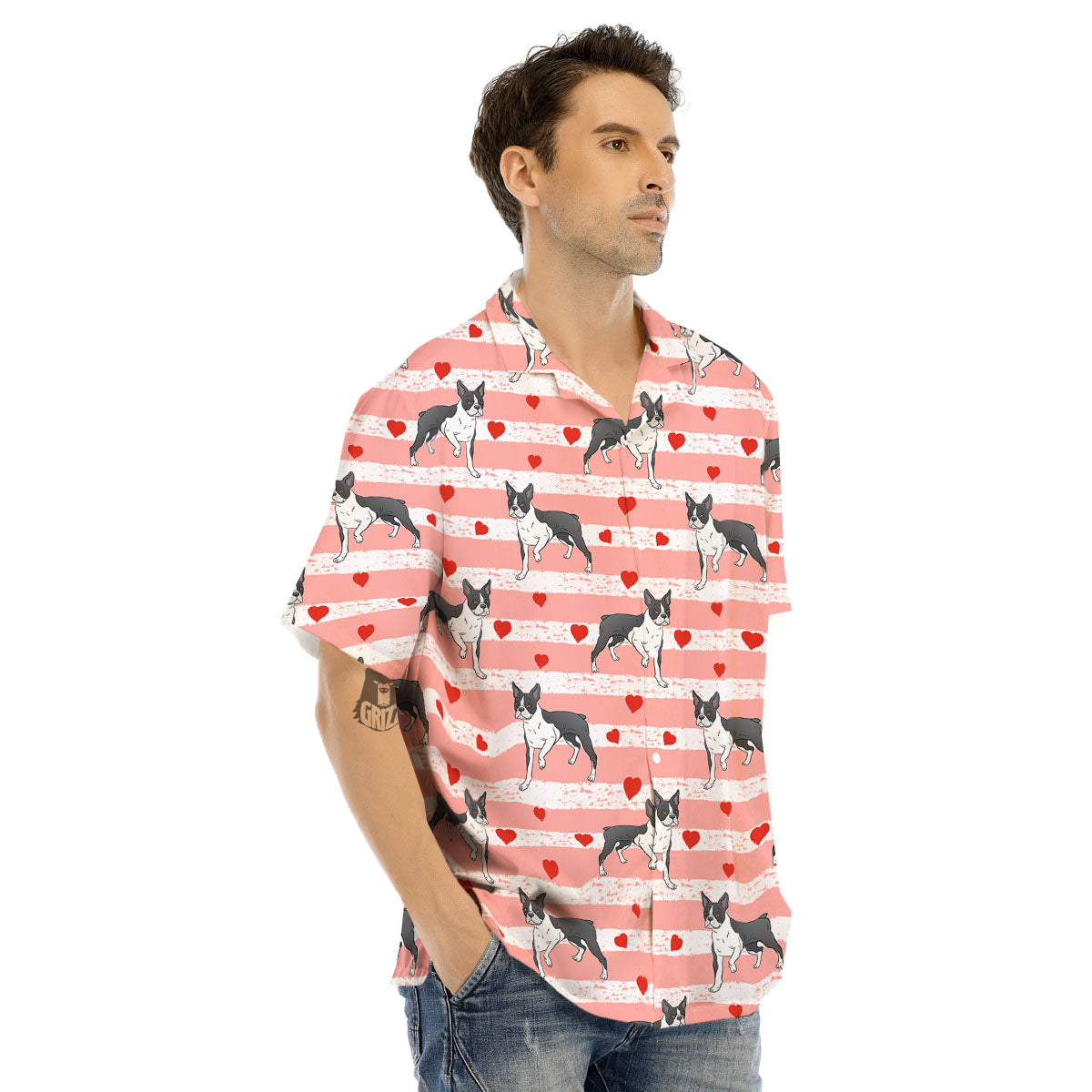 Heart And Boston Terrier Print Pattern Men's Hawaiian Shirt-grizzshop