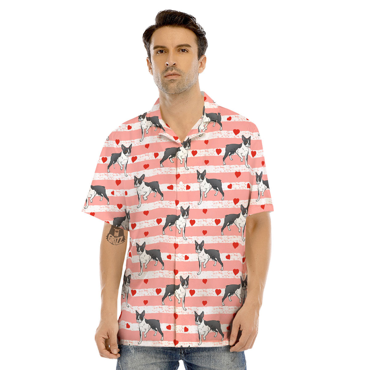Heart And Boston Terrier Print Pattern Men's Hawaiian Shirt-grizzshop