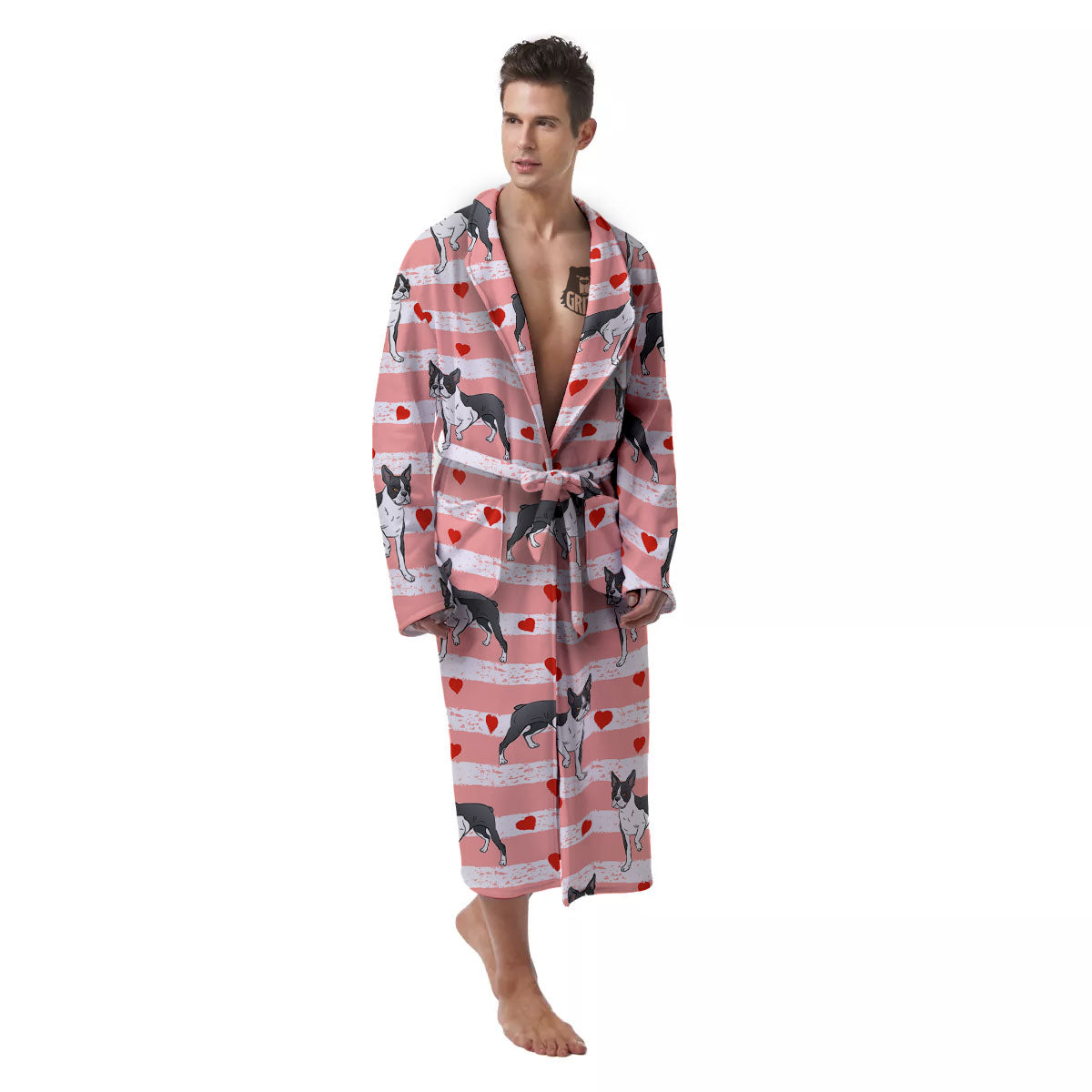 Heart And Boston Terrier Print Pattern Men's Robe-grizzshop