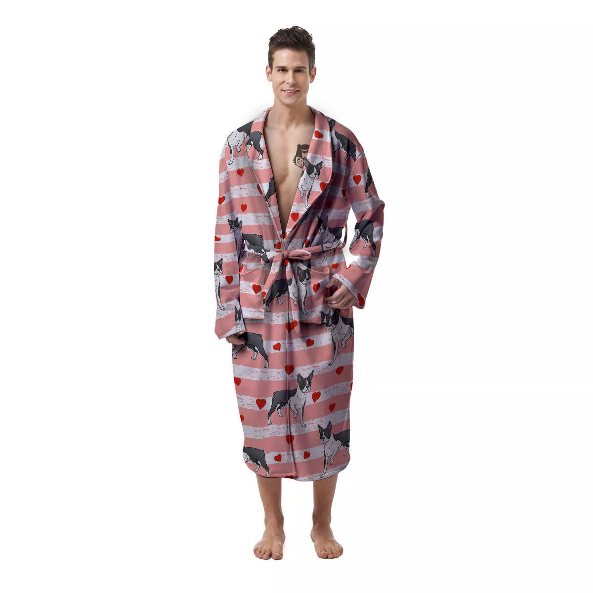 Heart And Boston Terrier Print Pattern Men's Robe-grizzshop