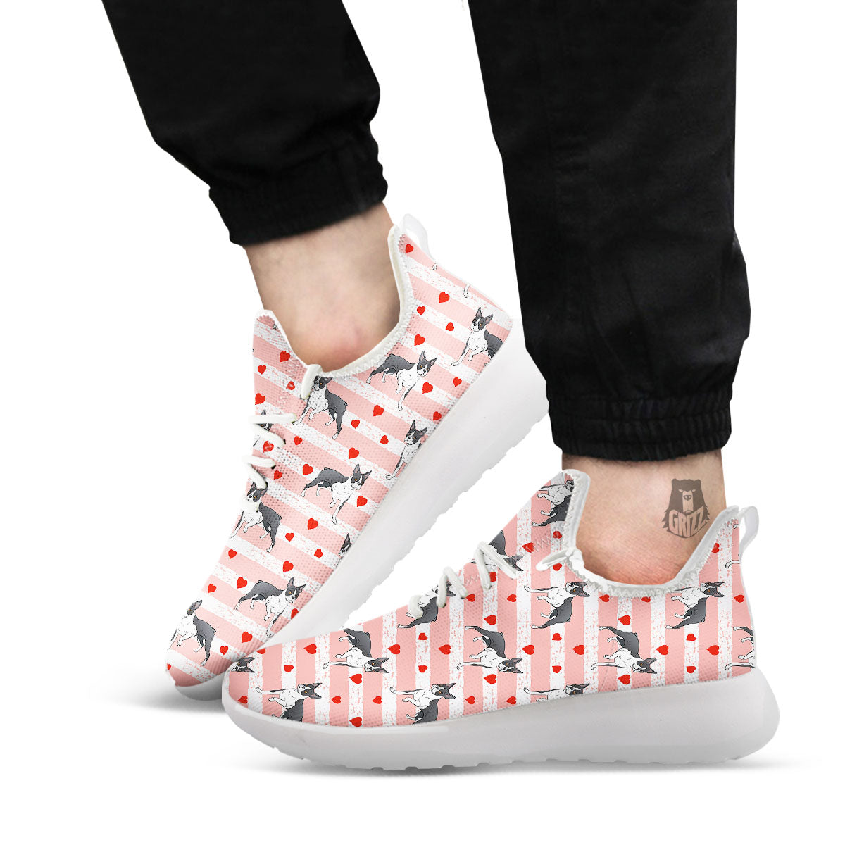 Heart And Boston Terrier Print Pattern White Athletic Shoes-grizzshop