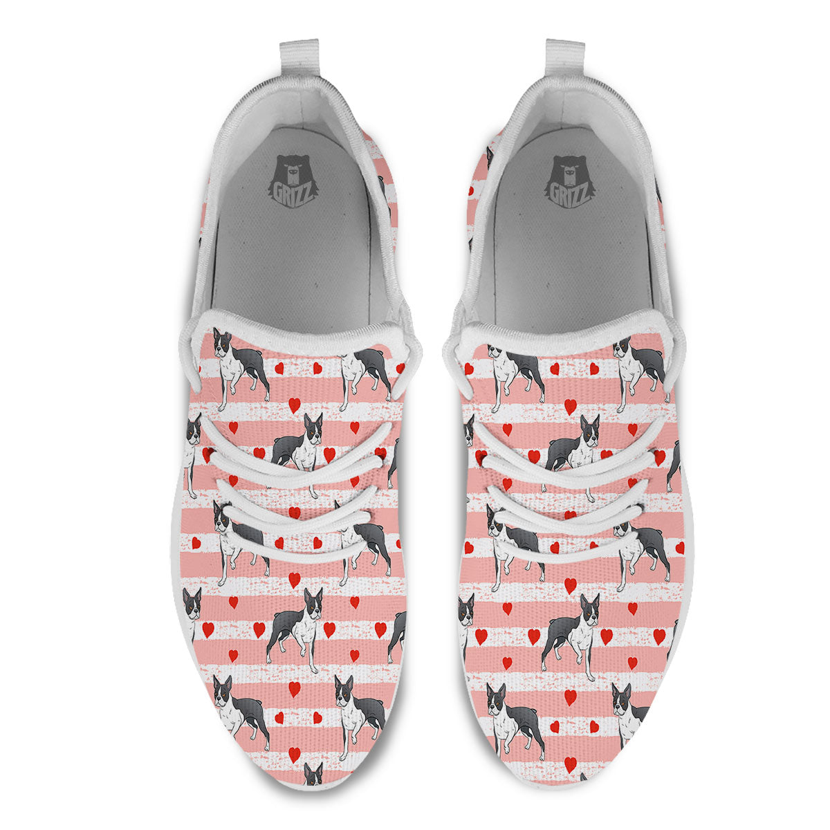 Heart And Boston Terrier Print Pattern White Athletic Shoes-grizzshop