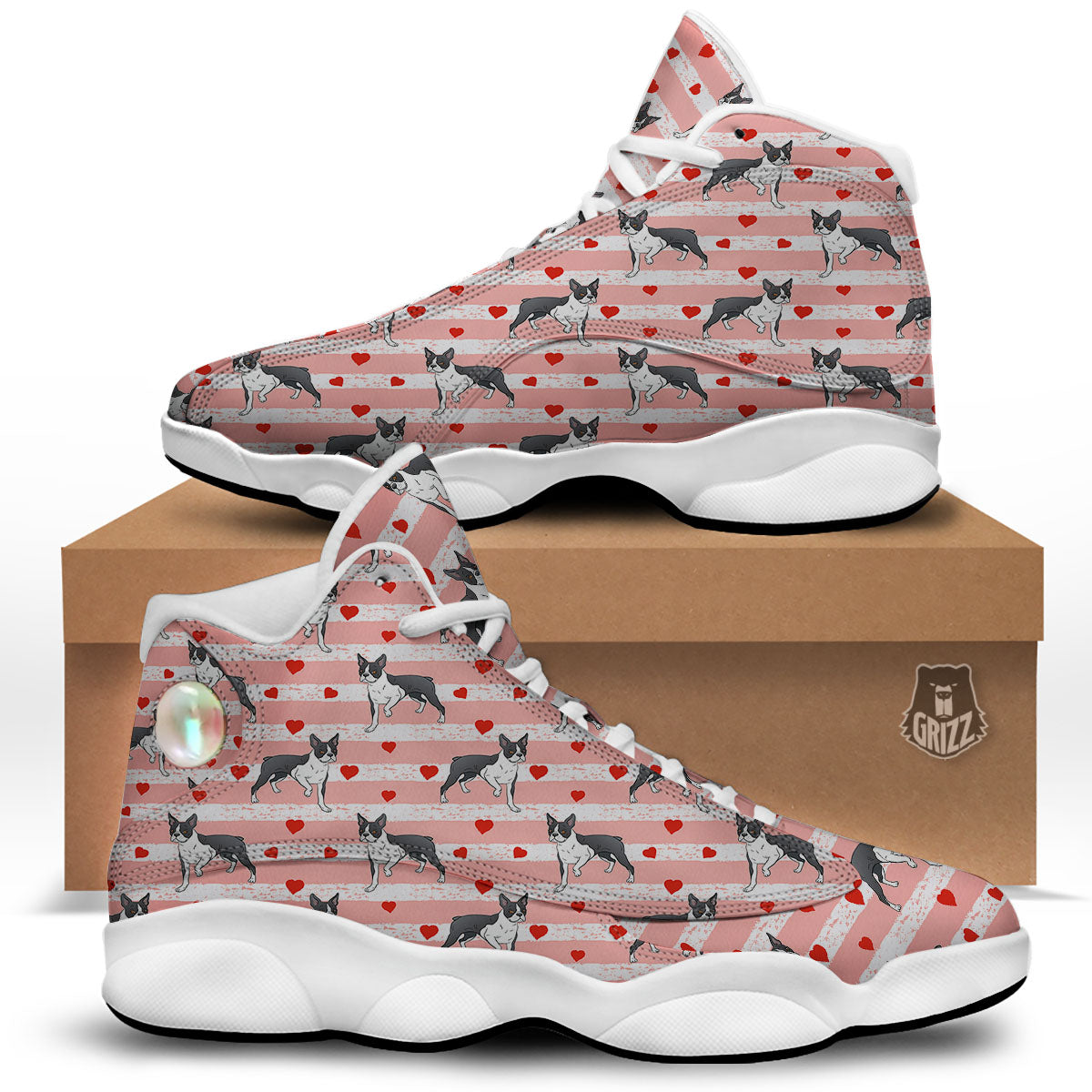 Heart And Boston Terrier Print Pattern White Basketball Shoes-grizzshop
