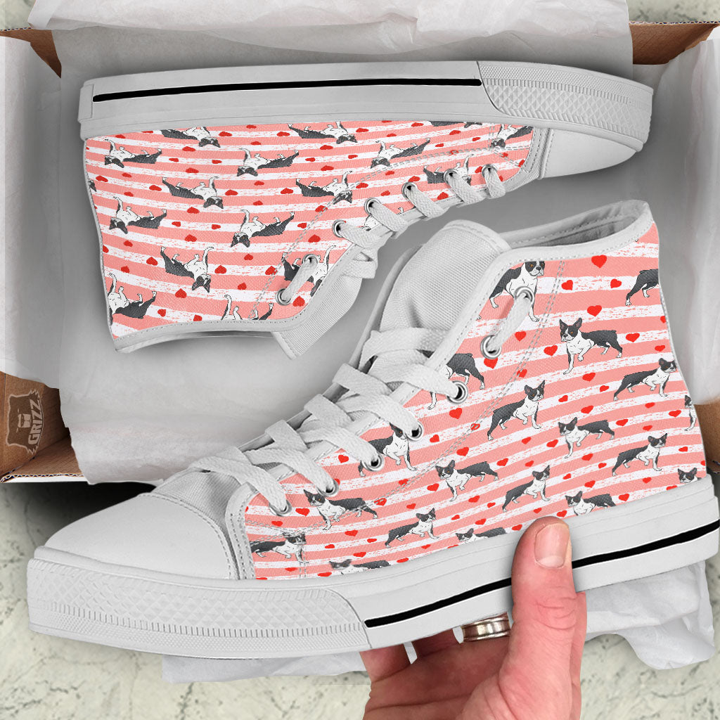 Heart And Boston Terrier Print Pattern White High Top Shoes-grizzshop