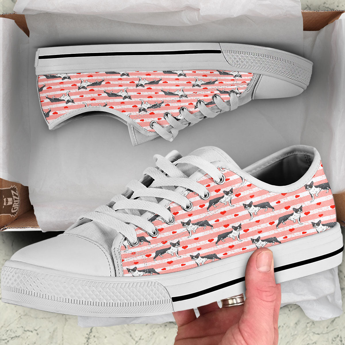Heart And Boston Terrier Print Pattern White Low Top Shoes-grizzshop