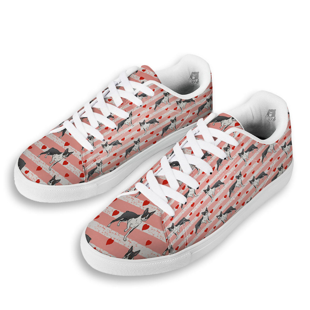 Heart And Boston Terrier Print Pattern White Low Top Sneakers-grizzshop