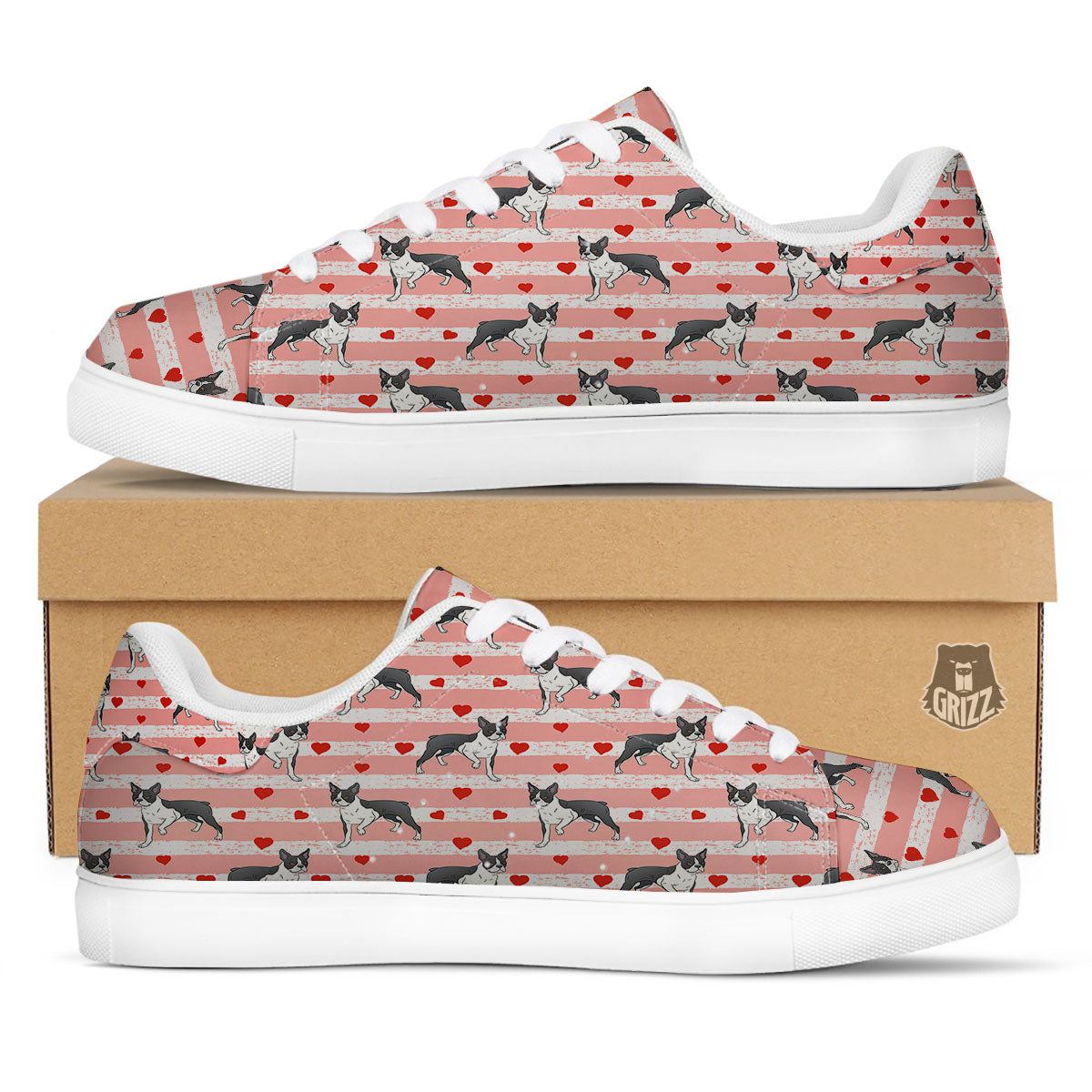 Heart And Boston Terrier Print Pattern White Low Top Sneakers-grizzshop