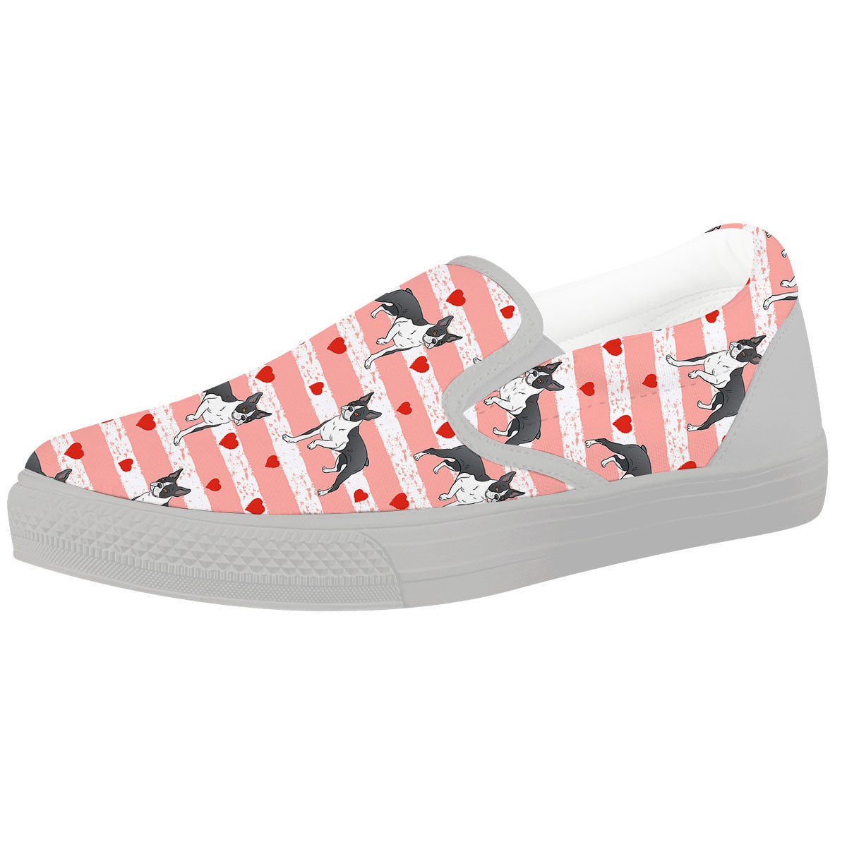 Heart And Boston Terrier Print Pattern White Slip On Shoes-grizzshop
