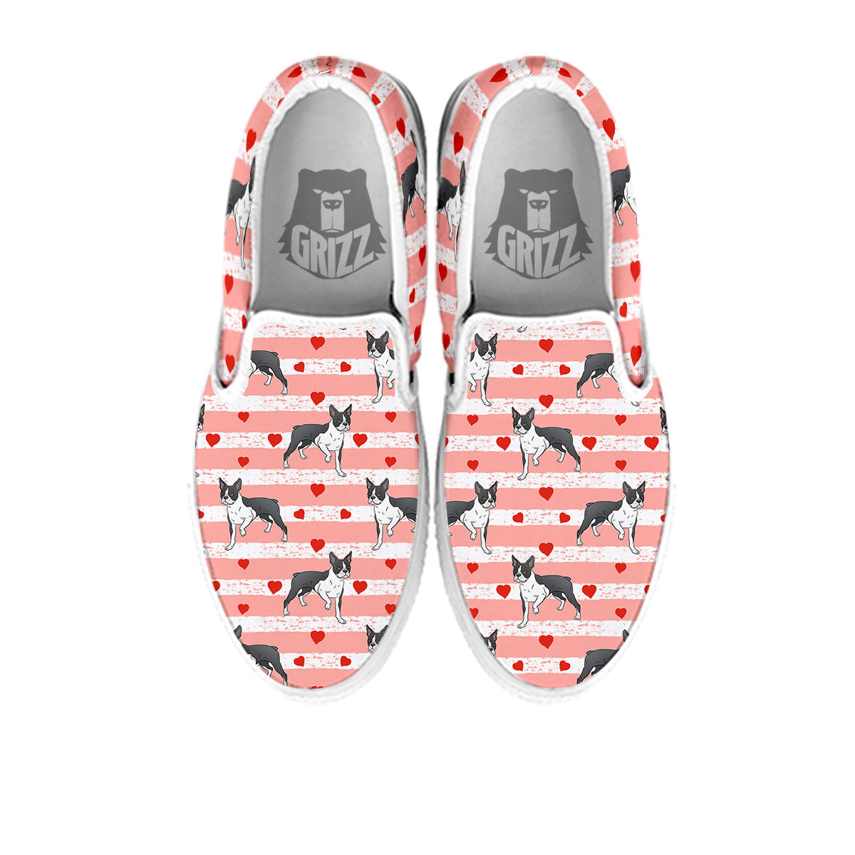 Heart And Boston Terrier Print Pattern White Slip On Shoes-grizzshop