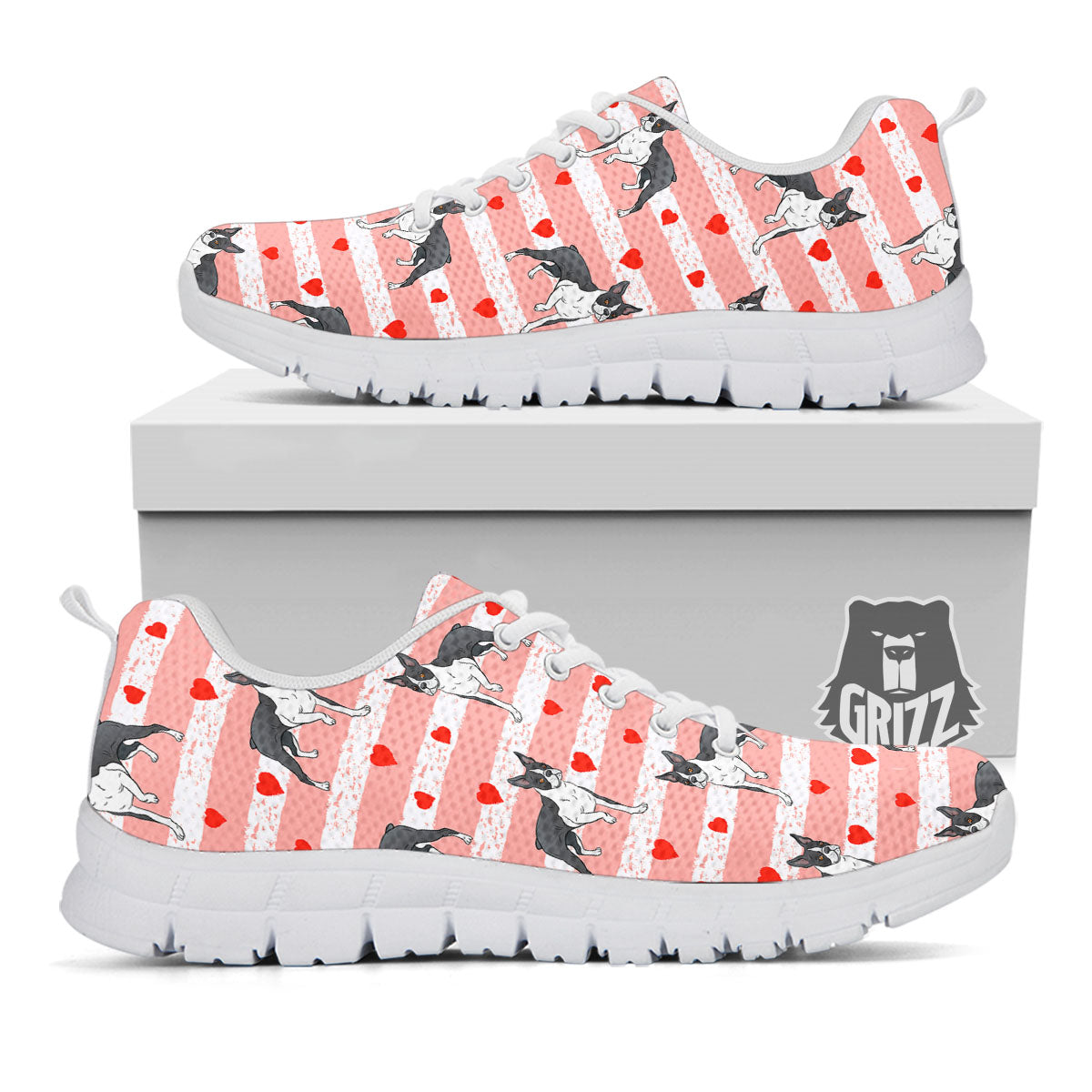 Heart And Boston Terrier Print Pattern White Sneaker-grizzshop