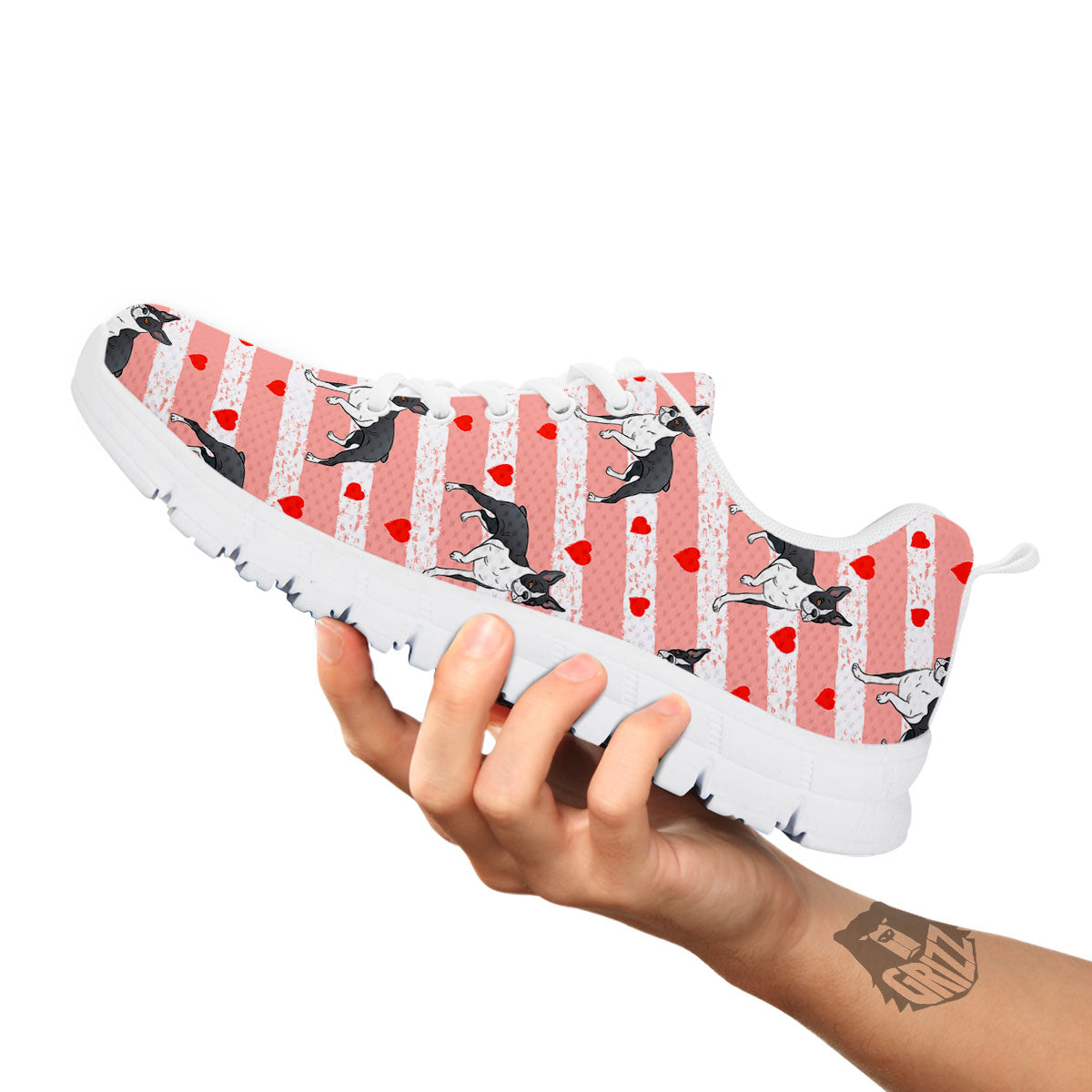 Heart And Boston Terrier Print Pattern White Sneaker-grizzshop