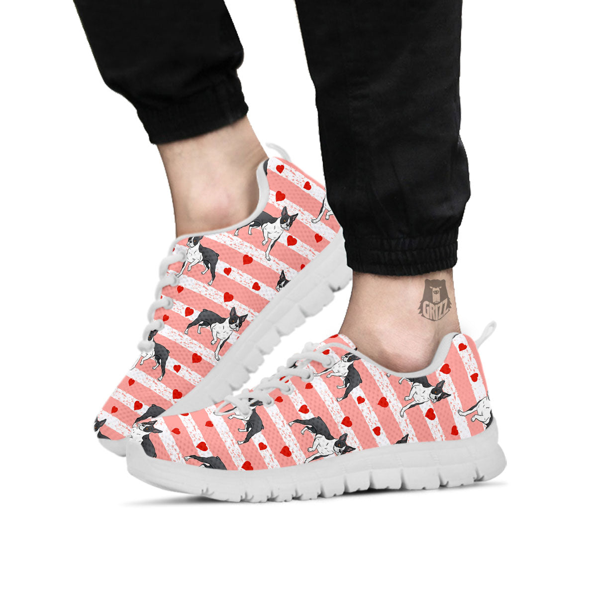 Heart And Boston Terrier Print Pattern White Sneaker-grizzshop