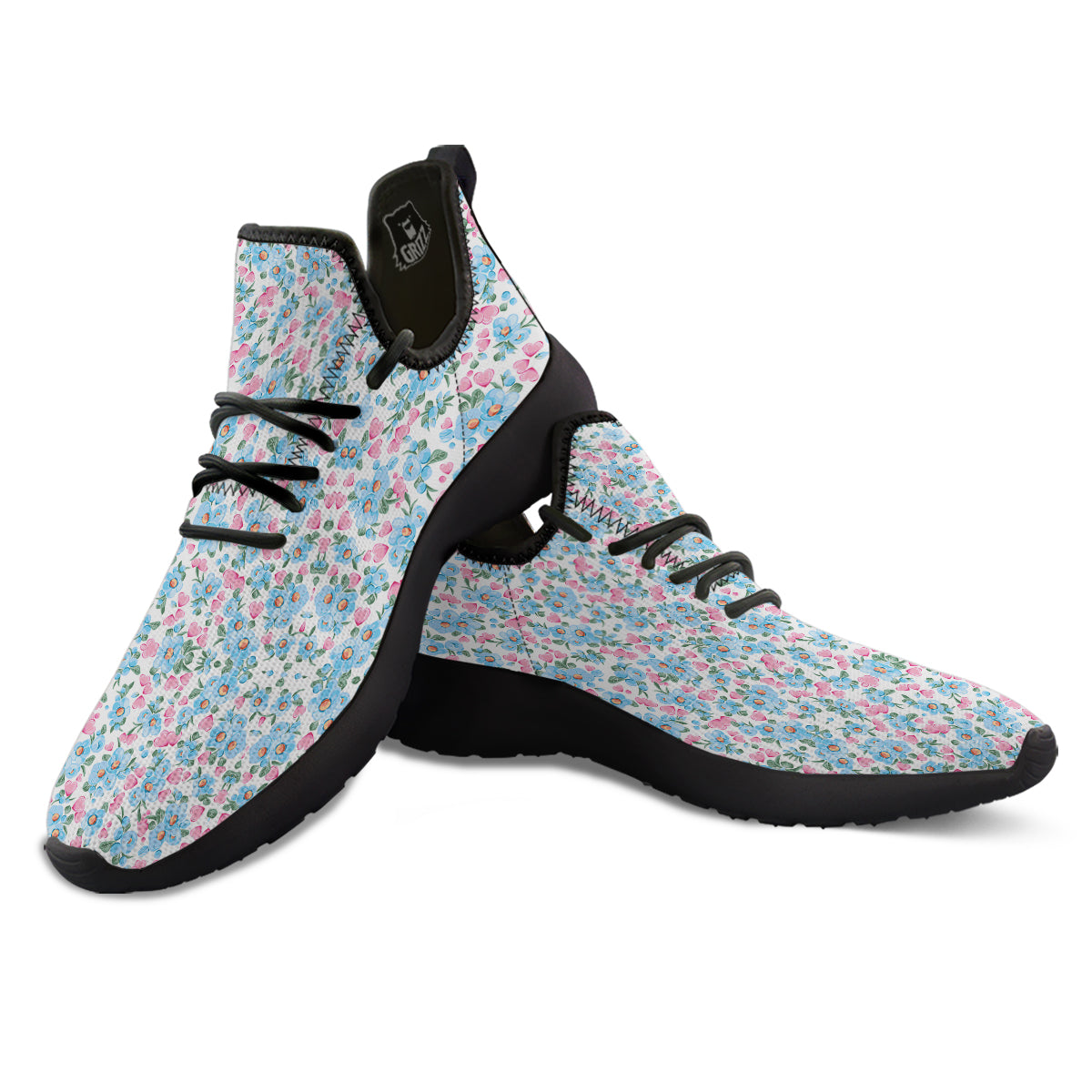 Heart And Flower Valentine's Day Print Pattern Black Athletic Shoes-grizzshop