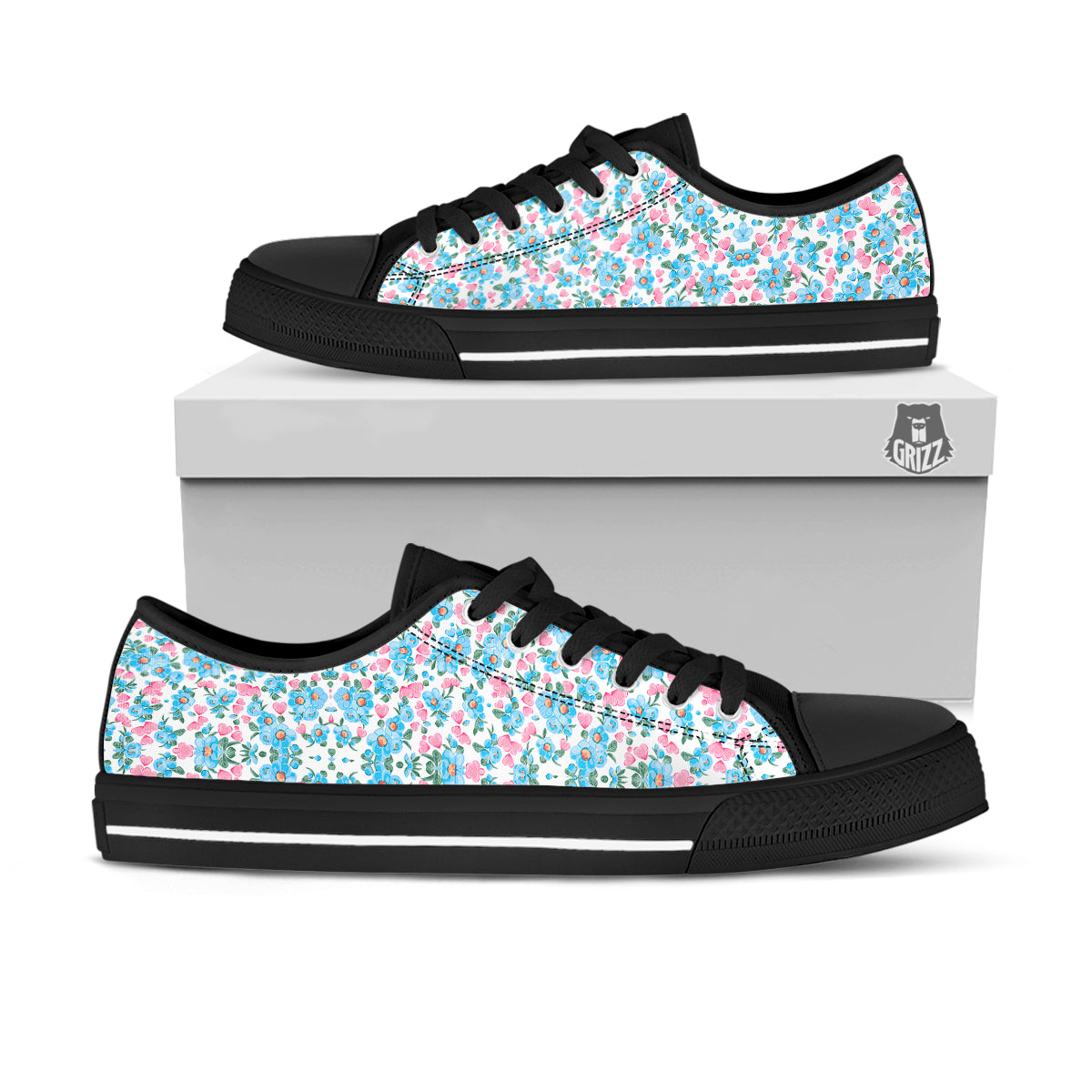 Heart And Flower Valentine's Day Print Pattern Black Low Top Shoes-grizzshop