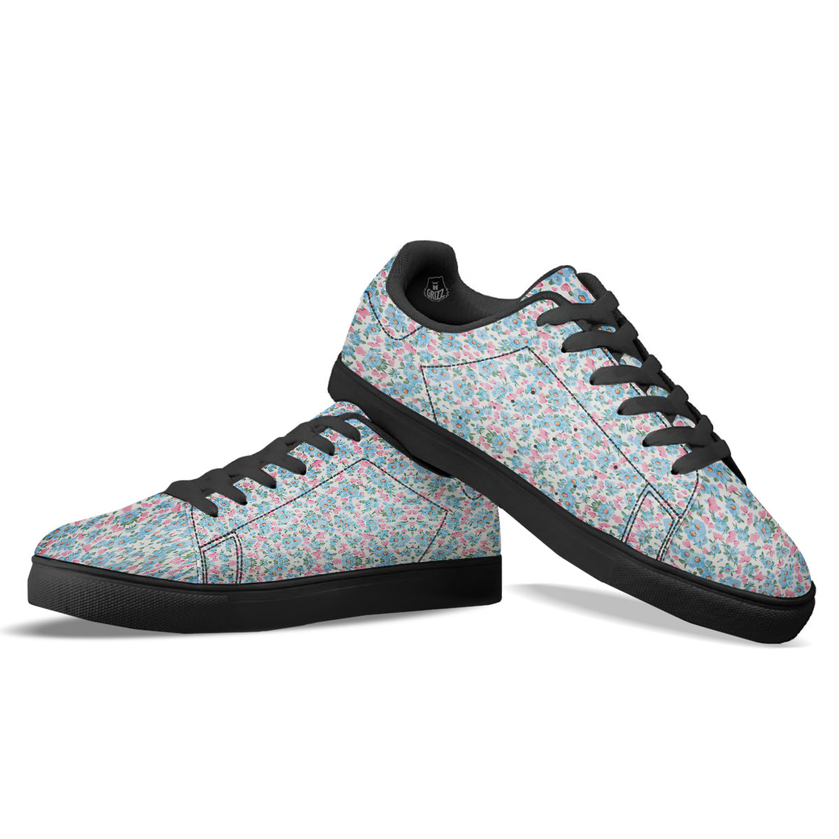 Heart And Flower Valentine's Day Print Pattern Black Low Top Sneakers-grizzshop