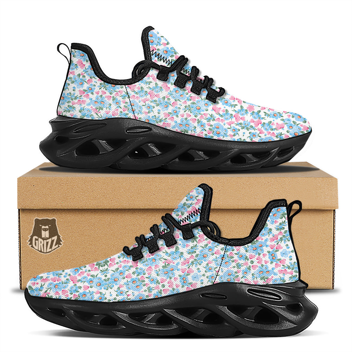 Heart And Flower Valentine's Day Print Pattern Black Running Shoes-grizzshop