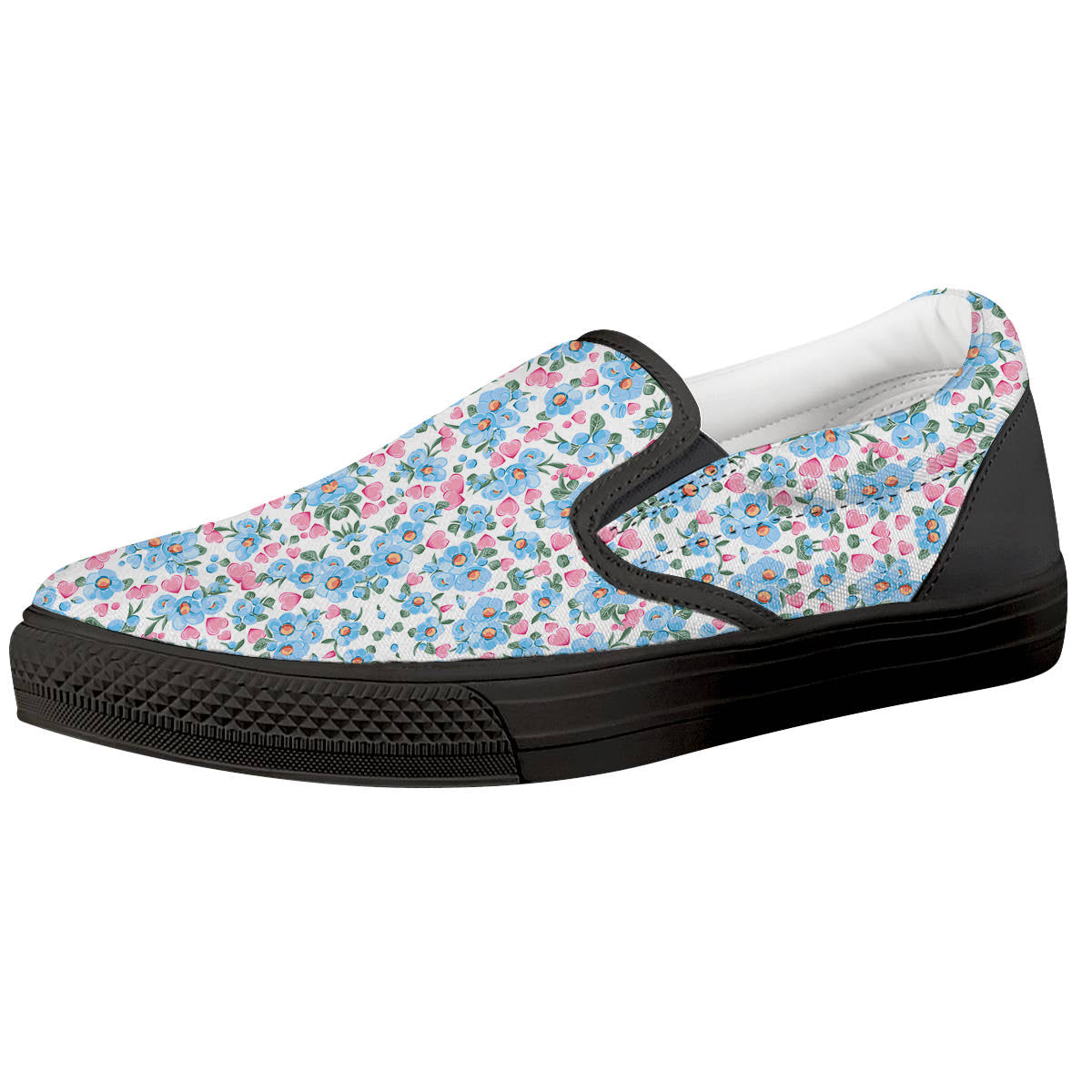 Heart And Flower Valentine's Day Print Pattern Black Slip On Shoes-grizzshop