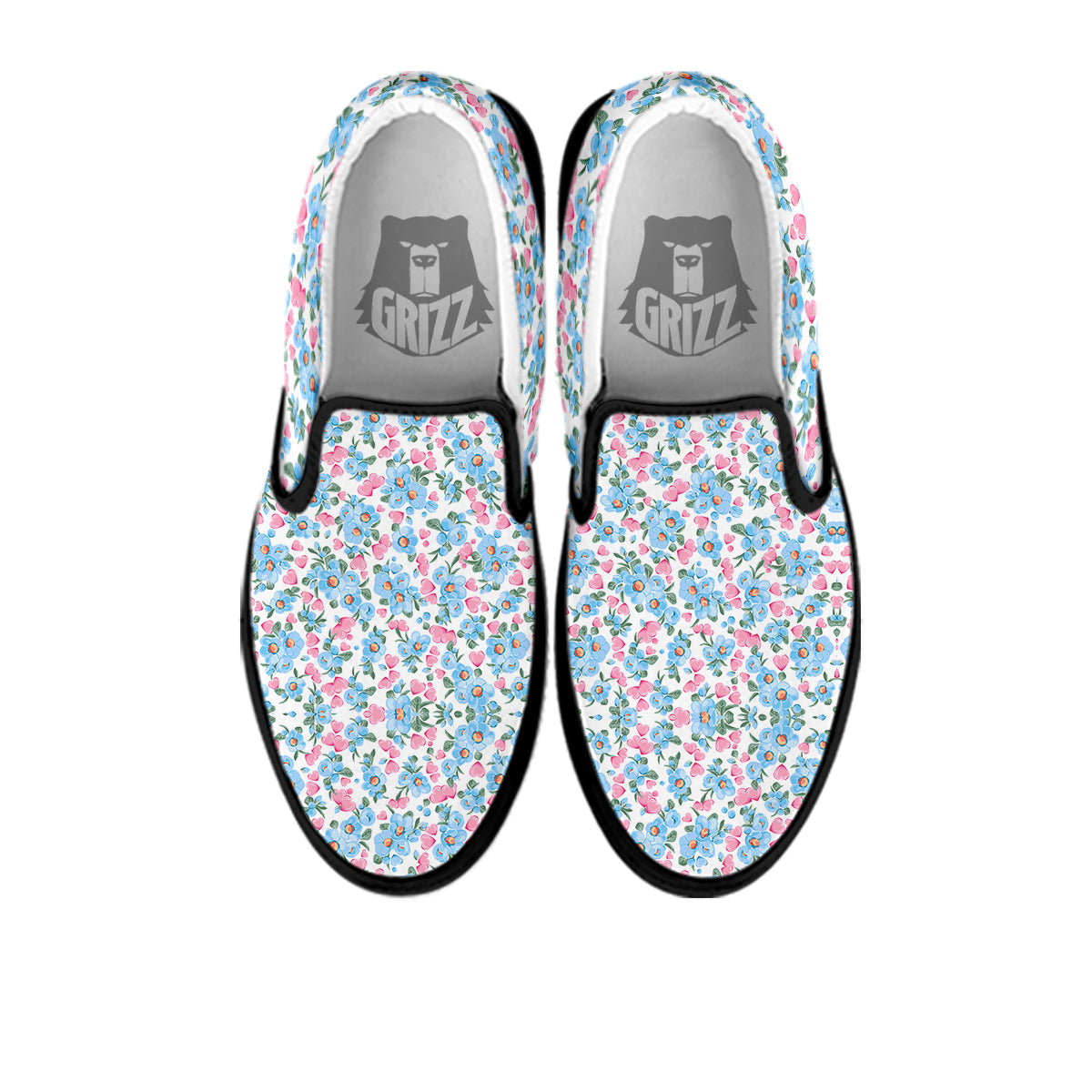 Heart And Flower Valentine's Day Print Pattern Black Slip On Shoes-grizzshop