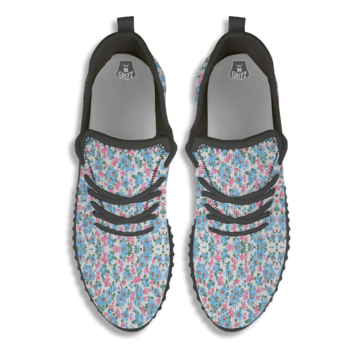 Heart And Flower Valentine's Day Print Pattern Black Walking Shoes-grizzshop