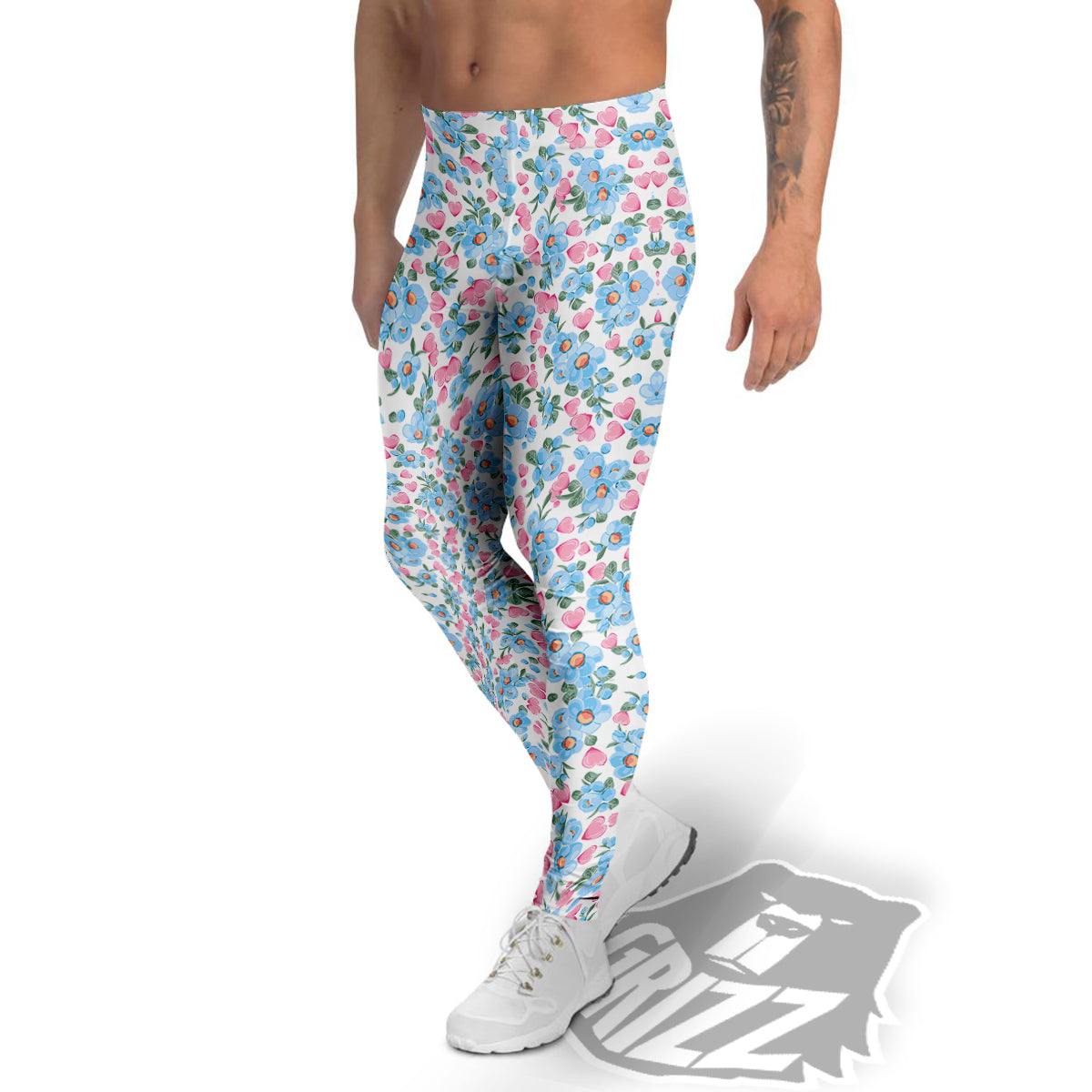 Heart And Flower Valentine's Day Print Pattern Men's Leggings-grizzshop