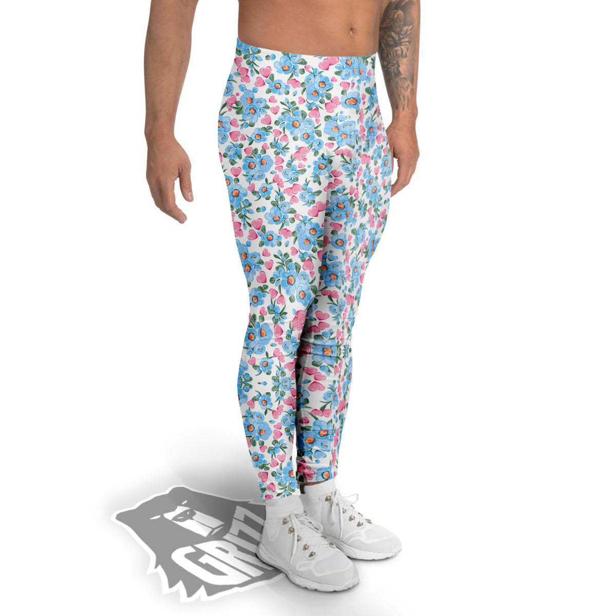 Heart And Flower Valentine's Day Print Pattern Men's Leggings-grizzshop