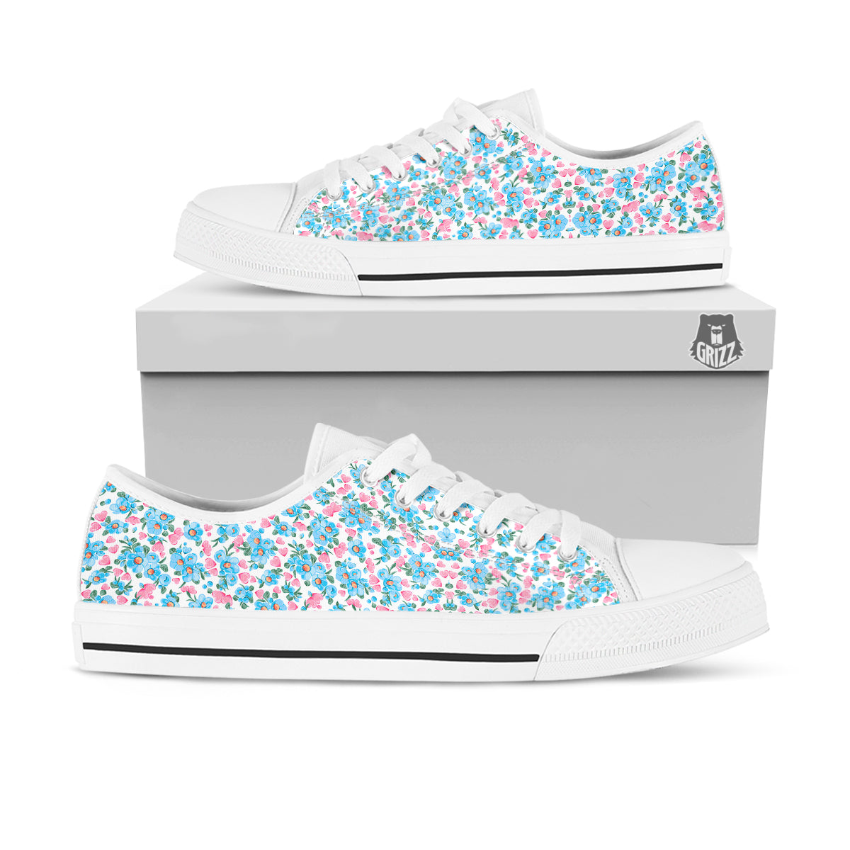 Heart And Flower Valentine's Day Print Pattern White Low Top Shoes-grizzshop