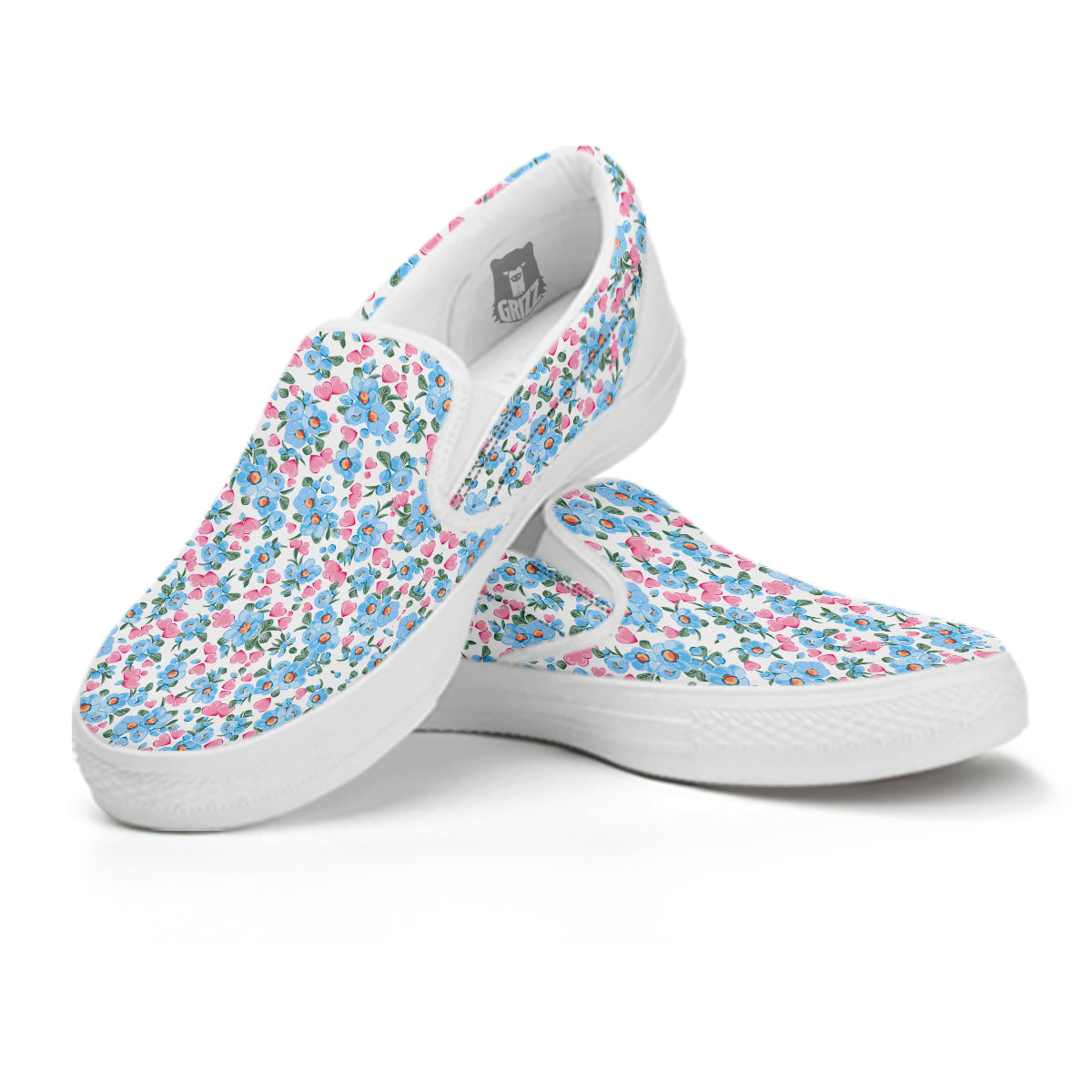 Heart And Flower Valentine's Day Print Pattern White Slip On Shoes-grizzshop